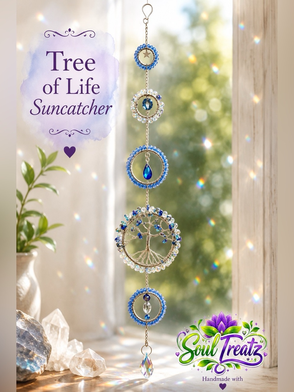 Blue & White Crystal Tree of Life Suncatcher